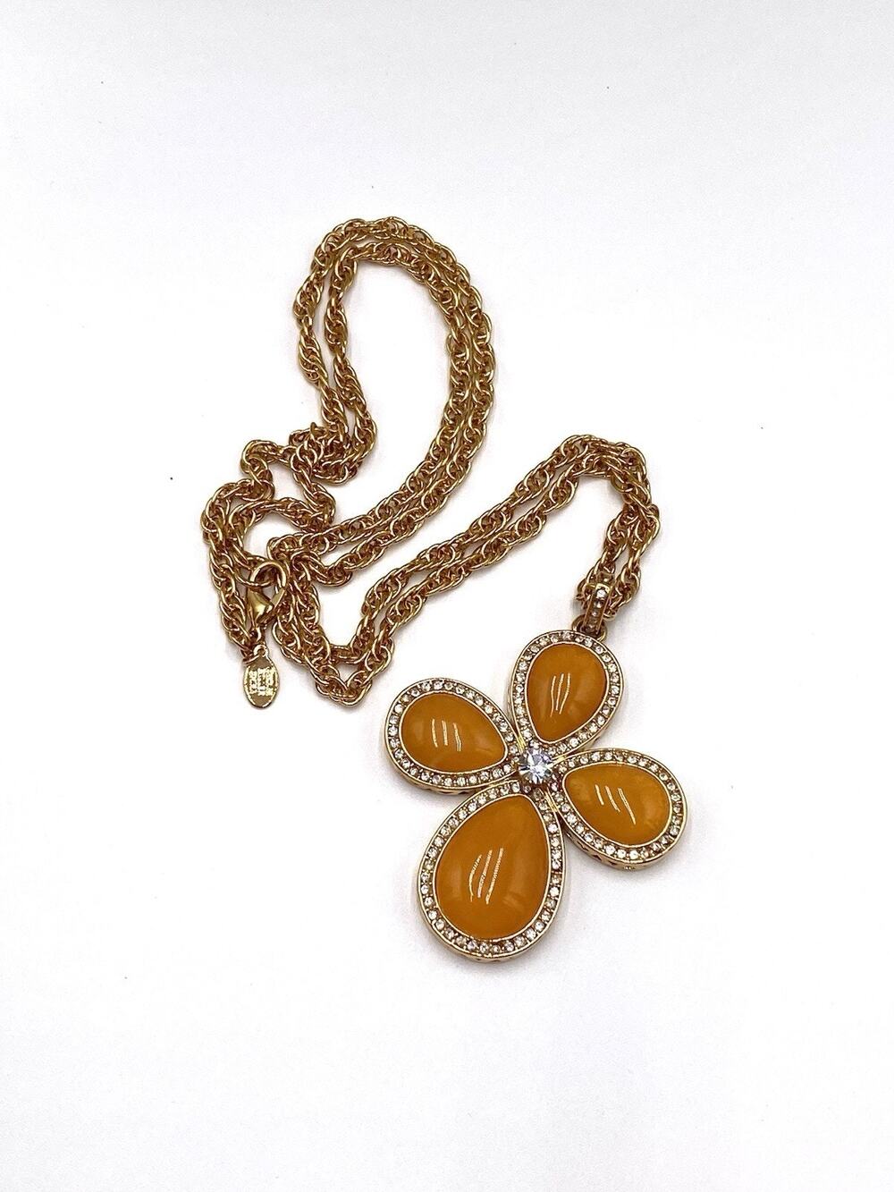 Nolan Miller Necklace Pendant Lucite Cabochon Cross Gold Tone 28”
